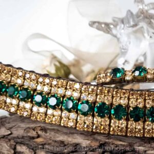 Close-up of Emerald Glow Browband showing detailed craftsmanship of emerald and honey crystal arrangement