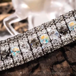 Close-up of a Swarovski Crystal Browband, emphasizing the unique Rivoli cut crystals and their brilliant sparkle in a Black Diamond and Aurora Borealis design. Special Edition Browband.