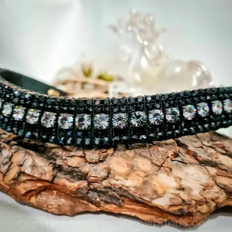 Close-up of the Midnight Unicorn Browband showcasing black and graphite crystals