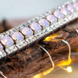 Close up of the crystals on this rose pink opal and clear diamante Preciosa browband