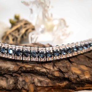 Close-up of the shimmering Nightfall Grey Preciosa crystals with Vintage Rose edging on a bespoke horse browband.