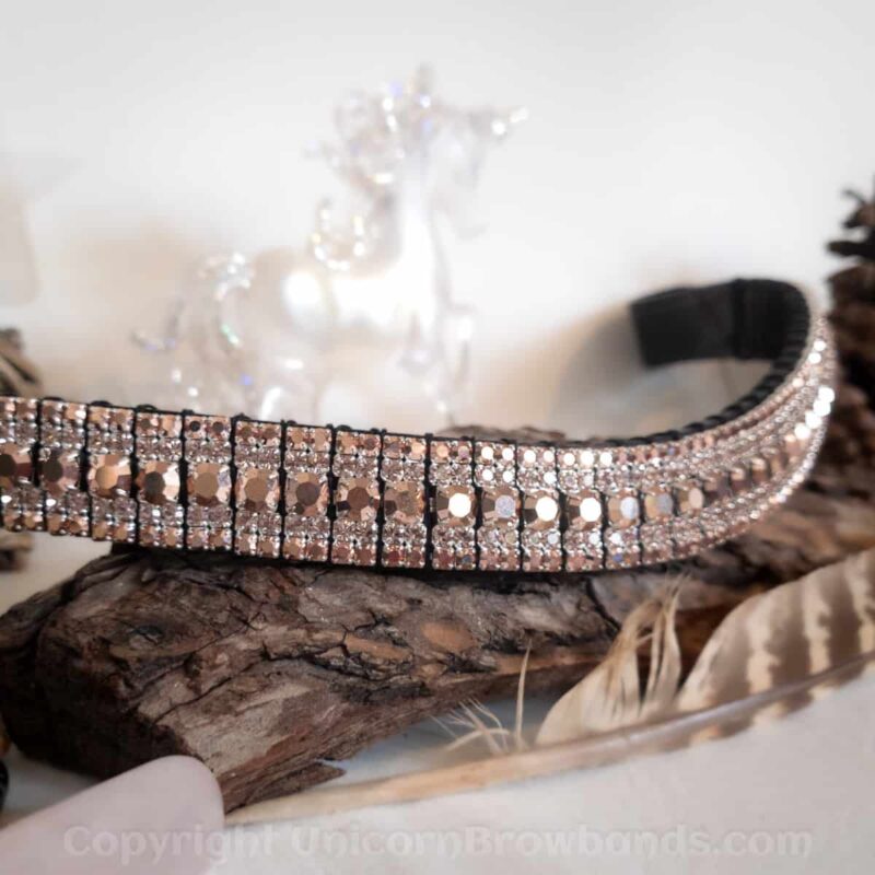 Close-up view of Rose Gold Radiance & Silver Sparkle Browband showcasing Capri Gold and Vintage Rose crystals