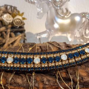 Close-up view of dark Montana blue and white opal Czech Preciosa crystals on Midnight Elegance Megabling Five Row Browband