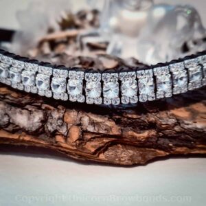 Close-up view of the handcrafted crystal horse browband with 6mm Rivoli and 3mm Maxima Preciosa crystals, highlighting intricate details and craftsmanship