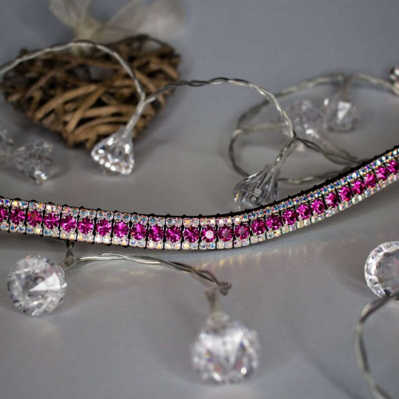 Fuchsia pink and iridescent Aurora Borealis three row crystal browband by Unicorn Browbands Hand Stitched English Leather