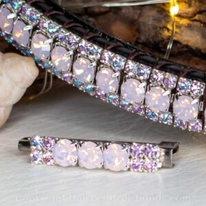 Elegant Three Row Horse Browband in Rose Opal and Light Vitrail Preciosa Crystals - Close up view of the browband - Hand Made Crystal Unicorn Browbands