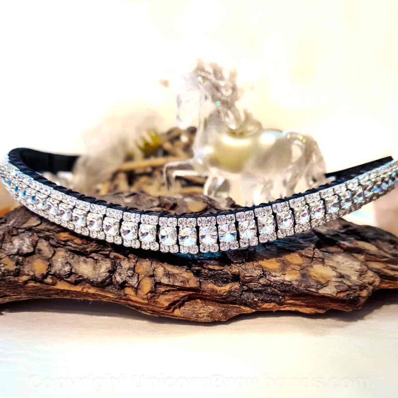 Exquisite all-clear diamanté crystal horse browband featuring sparkling Preciosa Rivoli and Maxima crystals set in silver, showcasing luxury equestrian style