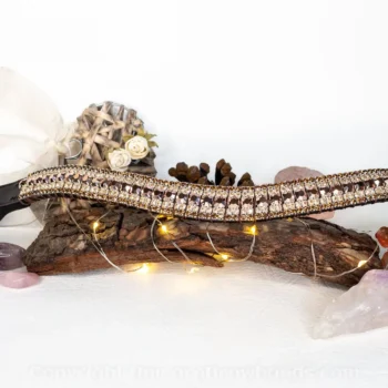 Golden Bronze Elegance Browband, featuring 6mm Capri Gold centre crystals bordered by rows of 3mm Light Colorado Montana and Smoked Topaz crystals for a harmonious blend of gold and bronze tones