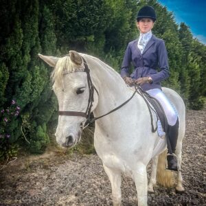 Beautiful grey Connemara pony ridden by one of our lovely customers sporting the Amethyst Unicorn Crystal Browband by Unicorn Browbands