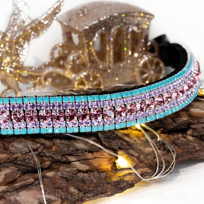 Turquiose and pink megabling crystal 5 row bling browband with Preciosa crystal and hand stitched English leather