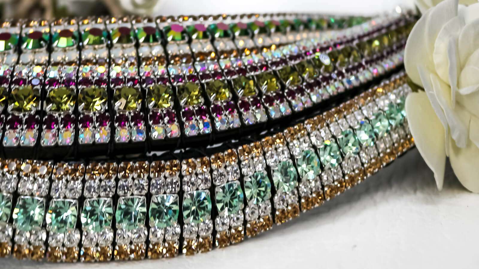 Green megabling 5 row crystal bling browbands handmade with English Sedwicks leather and luxury Preciosa crystals