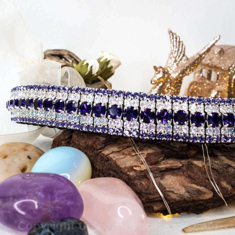 purple horse browband for dressage sitting on tree bark with healing crystals