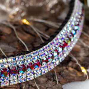 iridescent red and iridescent clear luxury Preciosa crystal bling browband in 5 row Megabling style handmade on hand stitched English Sedwick leather and Czech Presiosa Crystals y Unicorn Browbands