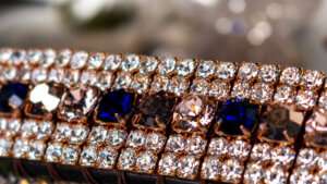 WOW! Rose gold plated crystal browband for horses in deep blue, rose gold crystals and diamante clear crystals