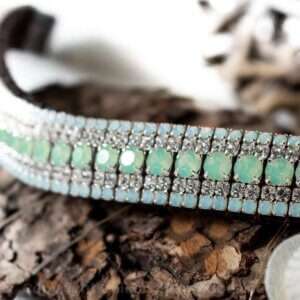 Icy green opal megabling browband with green chrysolite opals, clear diamante crystals and white opal edging crystals for those matchy matchy green horse riding sets