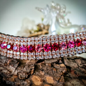 Close-Up of Rose Gold Browband Showing Detailed Ruby, Rose, and Light Rose Preciosa Crystals with Clear Diamanté Highlights