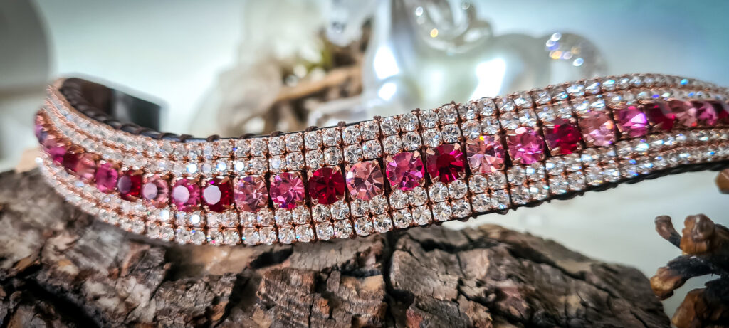 Rose Gold Crystal Browband with Ruby, Rose, and Light Rose Preciosa Crystals on Luxurious Leather