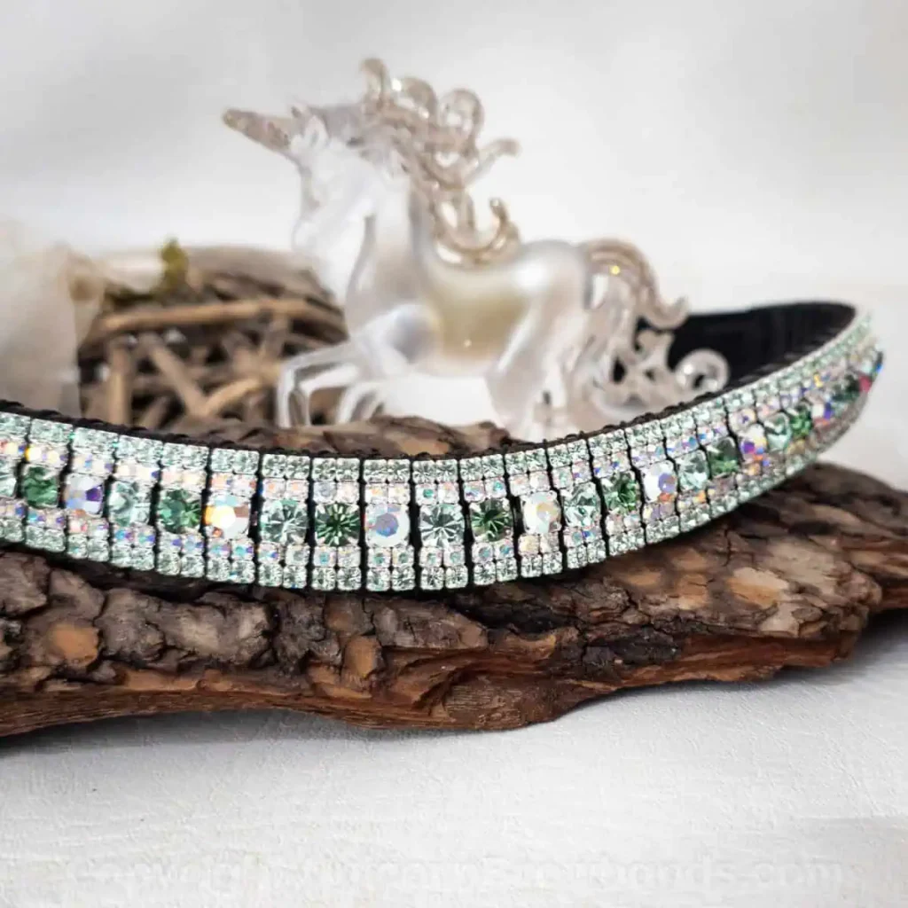 Handcrafted green crystal browband with alternating iridescent AB accents, perfect for dressage or show jumping