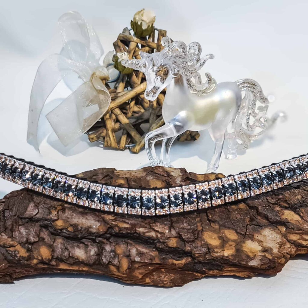 Luxurious handcrafted Preciosa crystal browband featuring Nightfall Grey and Vintage Rose crystals on dark brown English Sedgewick leather.