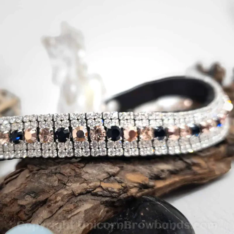 Premium crystal browband with a timeless combination of navy, rose gold, and vintage rose crystals for horses