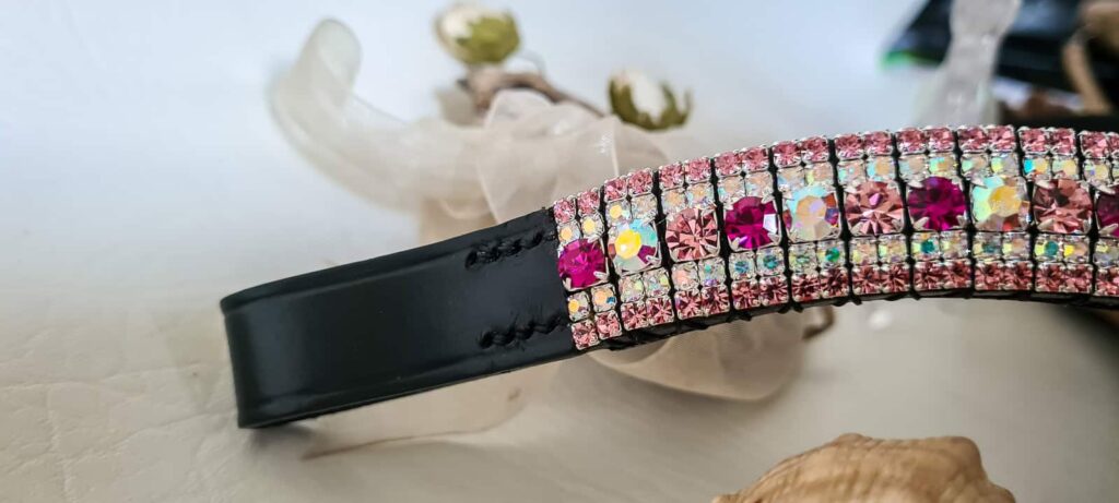 Princess Pink Browband' angled view displaying the rich colour variation and detailed double stitching