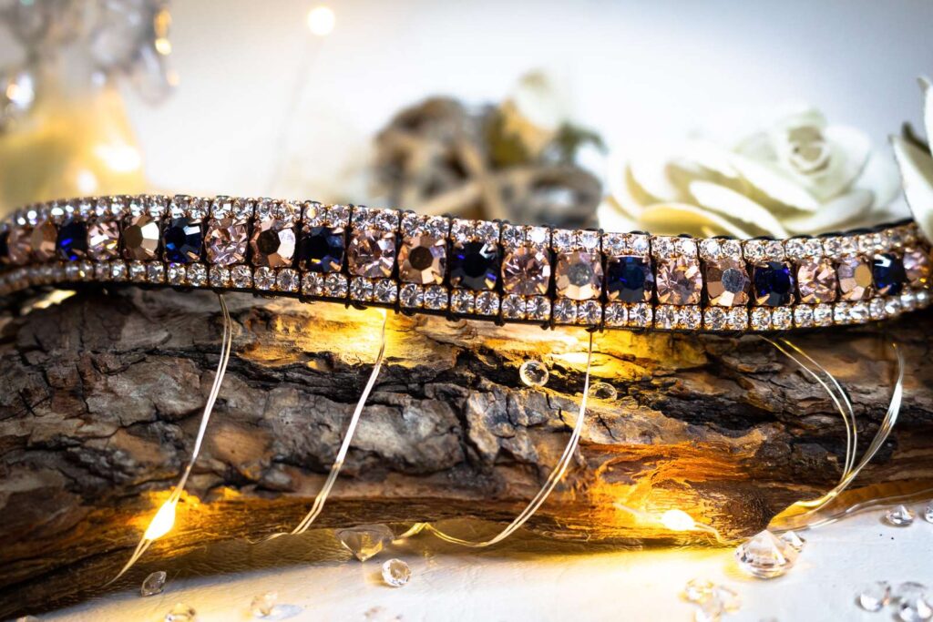 Real Rose Gold Settings on this Elegant Three Row Crystal Browband with Rose Gold and Navy Blue Preciosa Crystals