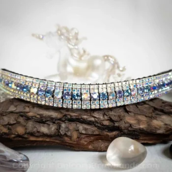 Sparkly Browband with Alexandrite, Light Sapphire, and iridescent AB Preciosa crystals framed by double rows of AB crystals