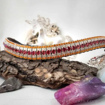 Tequila Sunrise crystal browband featuring Indian Pink, clear, and Sun crystals in silver-plated chain