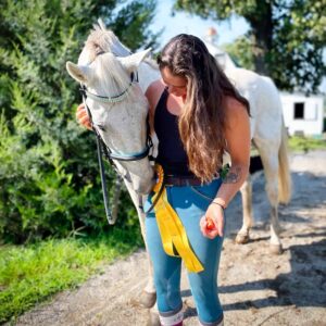 Unicorn Browbands Gold and Light Blue On Grey Horse and Happy Customer 1