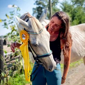 Unicorn Browbands Gold and Light Blue On Grey Horse and Happy Customer 2