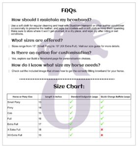 Unicorn Browbands Size Chart