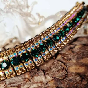 Vibrant emerald sparkling Aurora Borealis (AB) and Colorado gold crystal browband by Unicorn Browbands