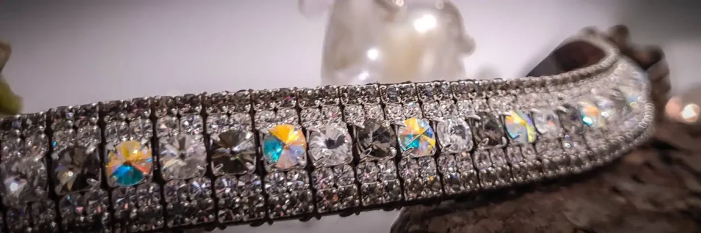 Close-up of a Swarovski Crystal Browband, emphasizing the unique Rivoli cut crystals and their brilliant sparkle in a Black Diamond and Aurora Borealis design. Special Edition Browband.