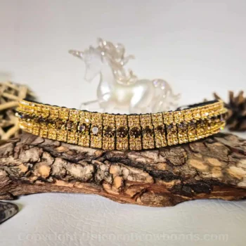 5-row gold and bronze browband with smoked topaz and light colorado topaz crystals on Sedgwick leather anatomical browband | Handmade in the UK by Unicorn Browbands