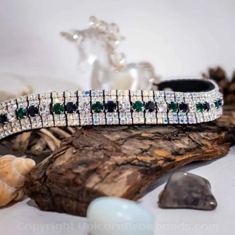 Luxury 5-row crystal horse browband featuring clear, emerald green, and indigo Preciosa Maxima crystals by Unicorn Browbands UK.