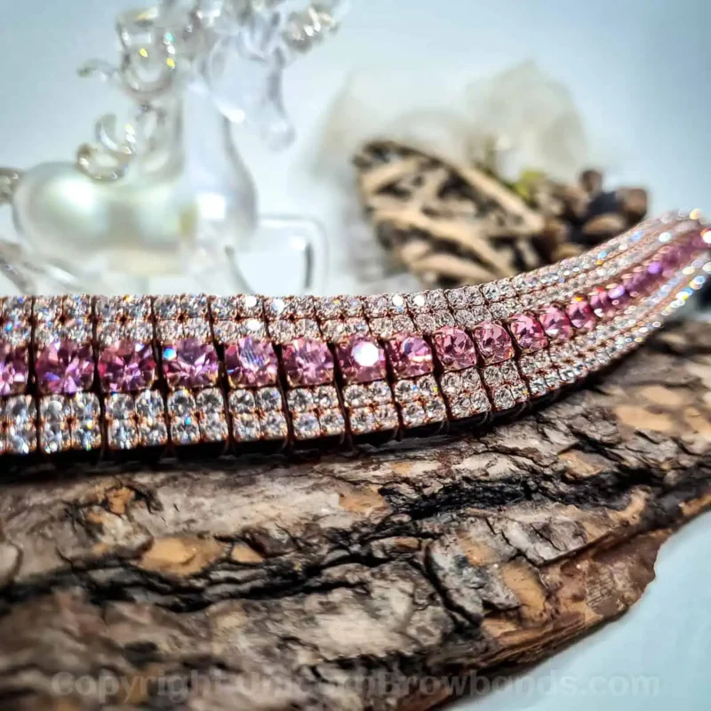 Luxury 5-row pink crystal browband in rose gold chain on Sedgwick leather